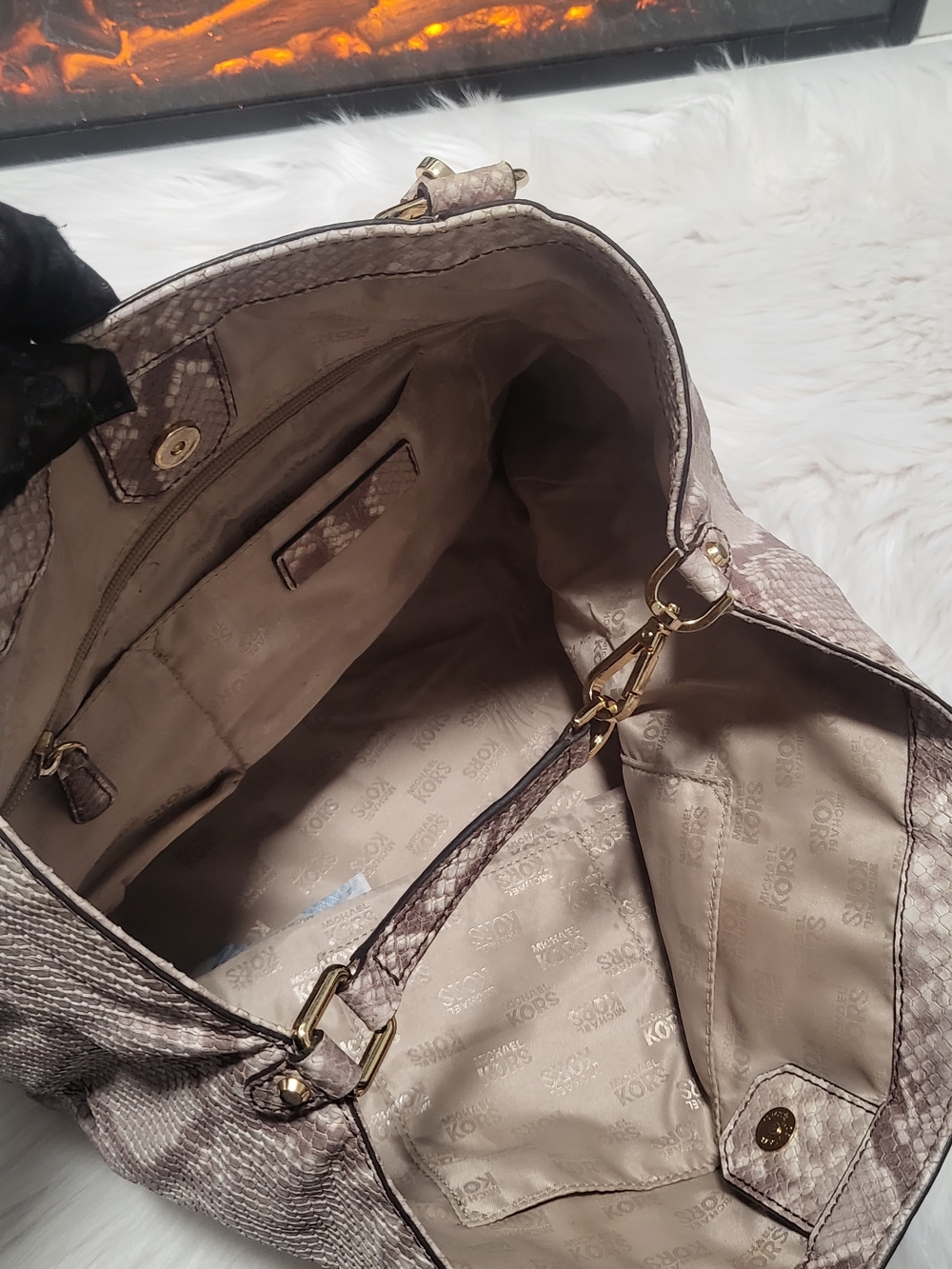 Michael Kors Taupe Snake-Embossed Tote with Tassel - Picture 6 of 8